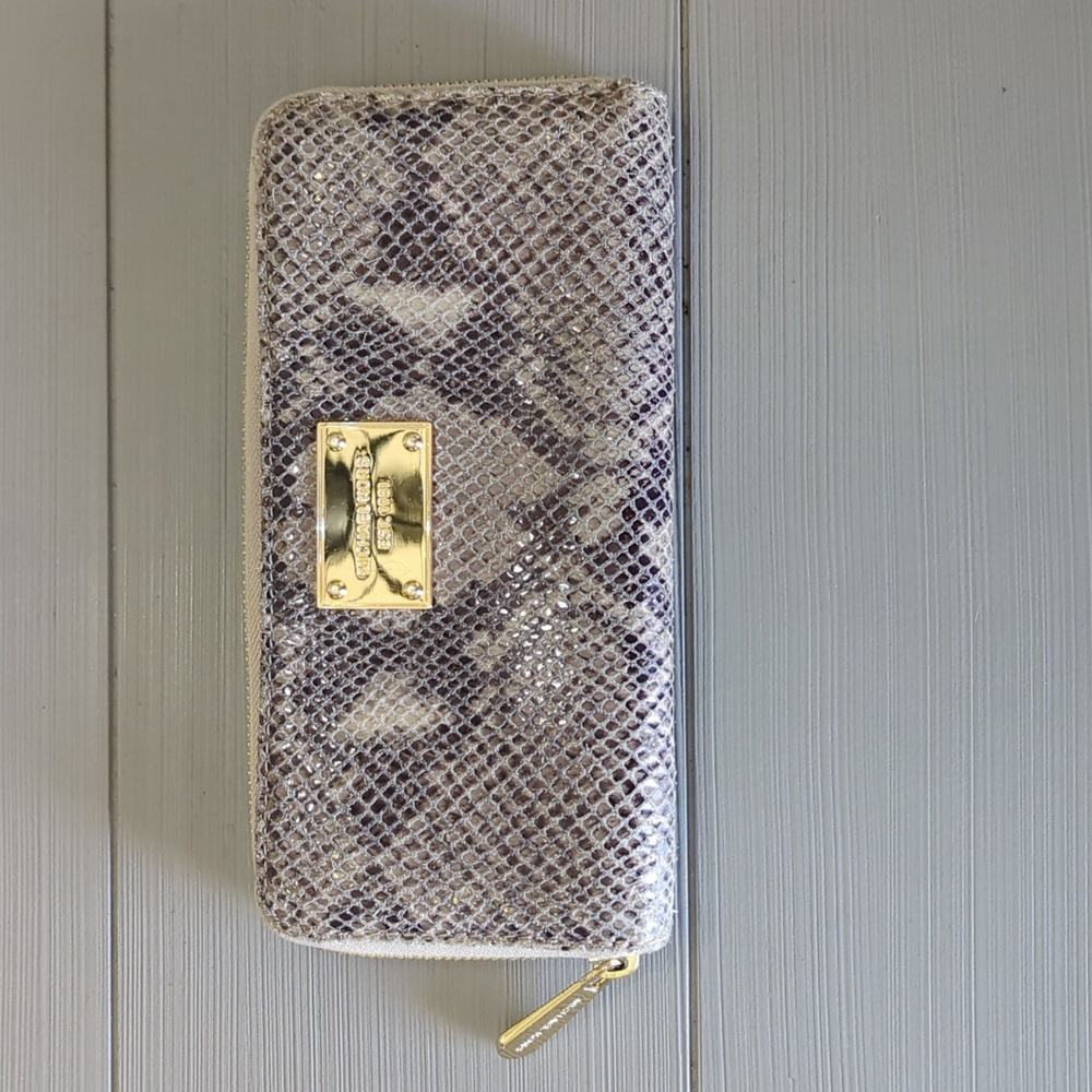 Michael Kors MK Authentic Snakeskin Beige/Grey Zip Around Long Wallet